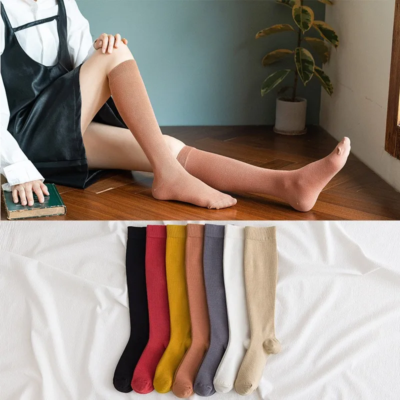 Фото - Однотонные носки до середины икры женские носки для йоги весенние и осенние носки средней длины хлопковые носки 2 пары дышащие женские хлопковые носки до середины икры