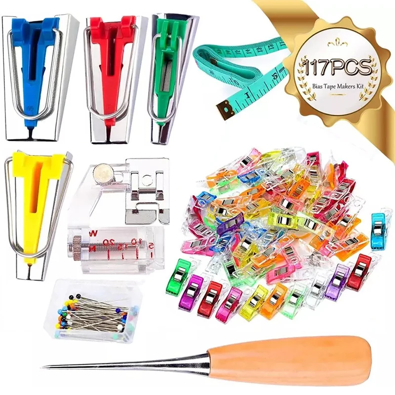 

Набор инструментов Imzay из 117 шт. смещенной ленты с инструкцией, 4 размера, устройство для смещенной ленты и 60 шт. швейных зажимов, 50 шт. шариковых булавок