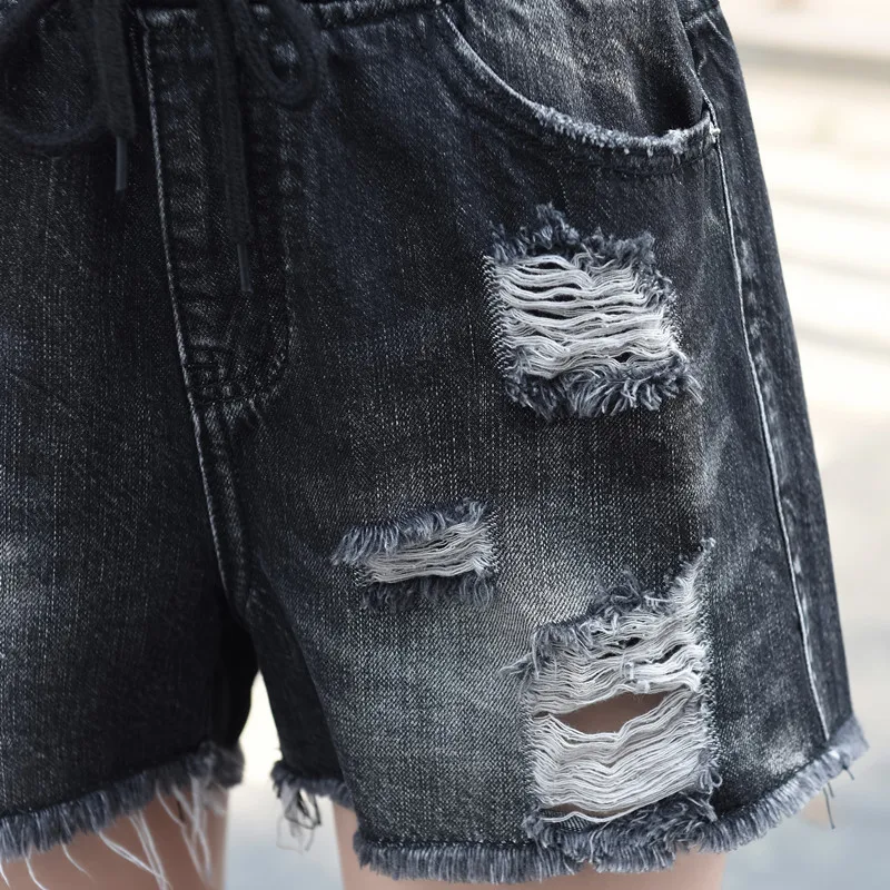 Summer Plus Size Loose Hole Ripped Denim Shorts Women High Waist Wide Leg Jeans Streetwear Casual Black Hot Pants Female | Женская