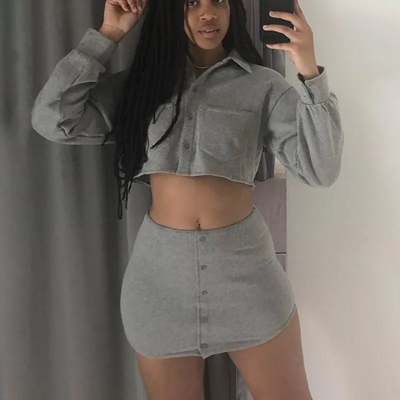 Fall Women Bodycon Skirt Suits Turn-Down Collar Jacket Crop Top And Mini Set Short Gray Female Long Sleeve | Женская одежда