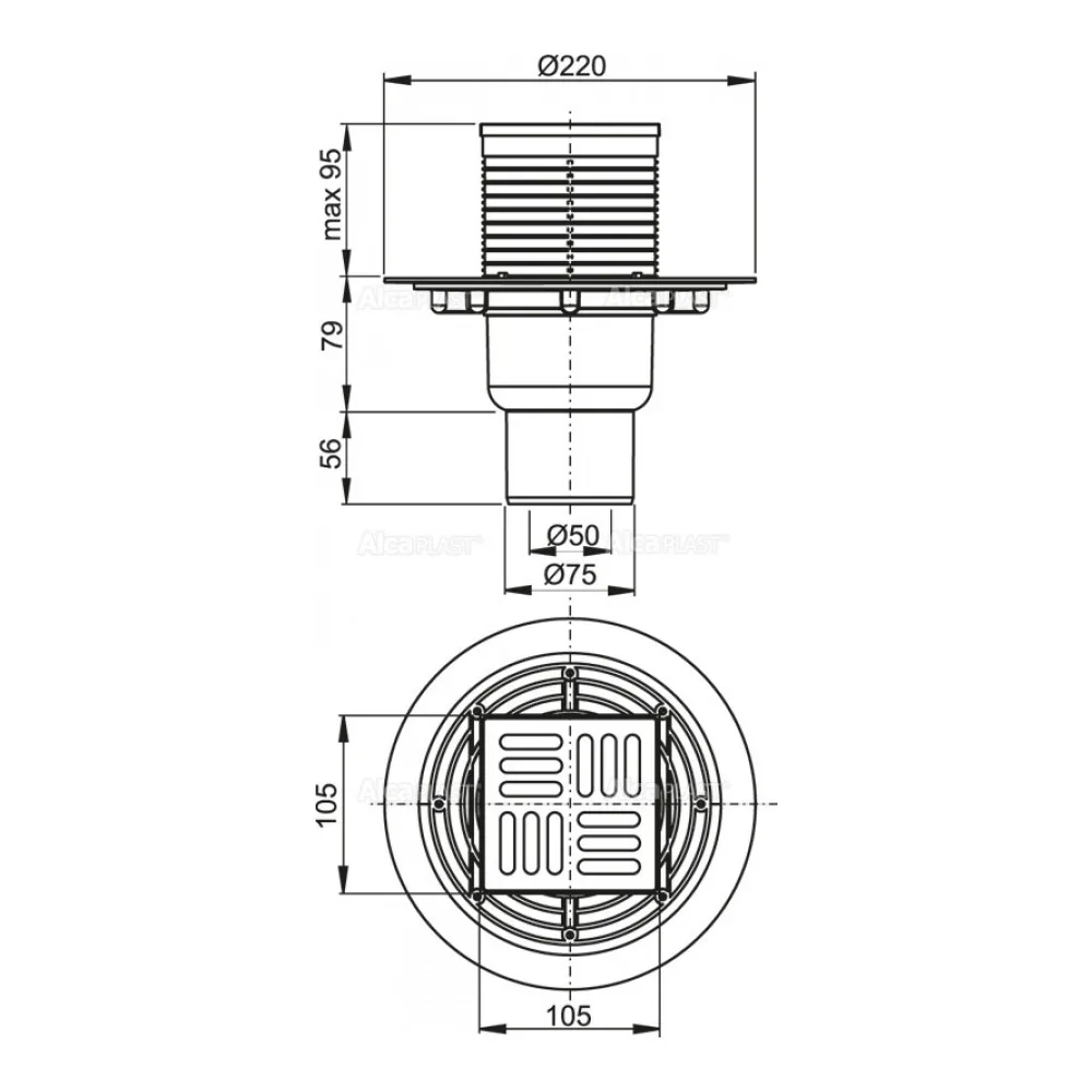 Душевой трап AlcaPlast 105х105/50/75 подводка прямая нержавеющая сталь гидрозатвор