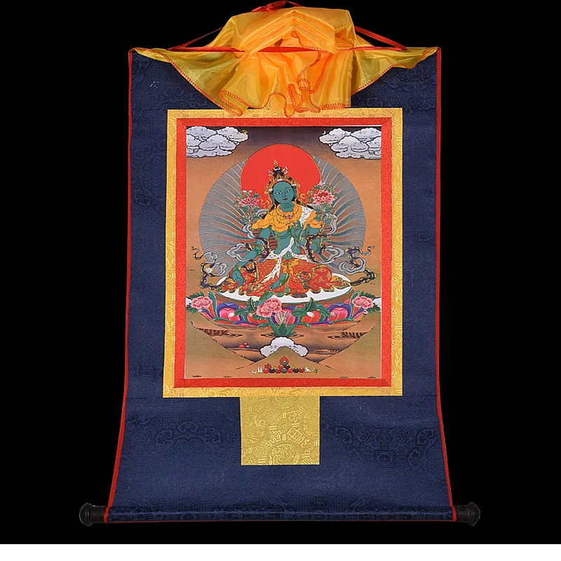 Тибетский ручной работы на заказ Зеленый тара Золотой принт маленький дракон