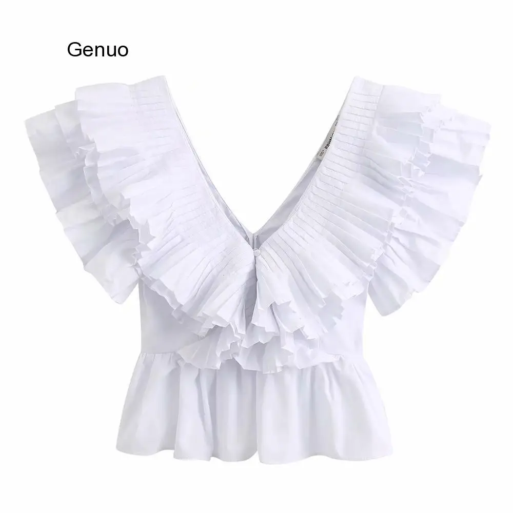 New Women solid v neck pleated ruffles casual white smock blouse ladies chic butterfly sleeve poplin femininas shirt tops LS6380