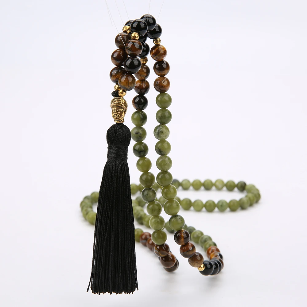 108 Mala Beaded Necklace 8MM Southernjade & Black Onyx Japamala Blessing Meditation Buddha Head Tassel Yoga Jewelry