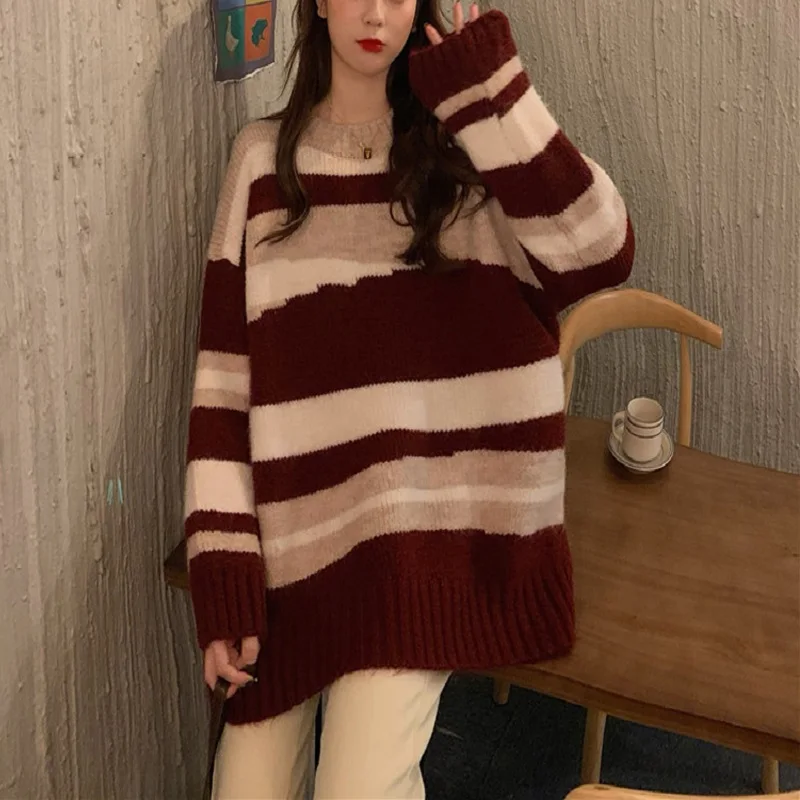

Autumn And Winter New Style Retro Loose Lazy Sweater Pullover Stripe Lovers Long Sleeve Knitted Sweater Women's Wear