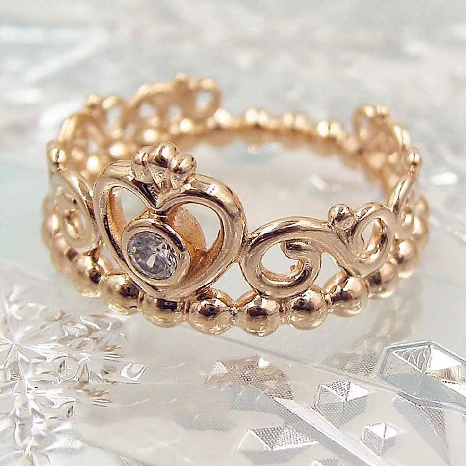 Original Rose Gold Princess Tiara Royal Crown With Crystal Ring For Women 925 Sterling Silver Wedding Gift Fine Diy Jewelry |