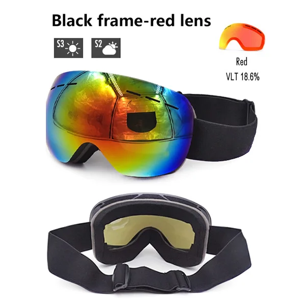 Black - red lens Лыжные очки двухслойные лыжные очки UV400 Анти-туман Лыжная маска Чехол для мужчин и женщин зимние сноуборд очки Сноубординг снегоход - Цвет: Black - red lens
