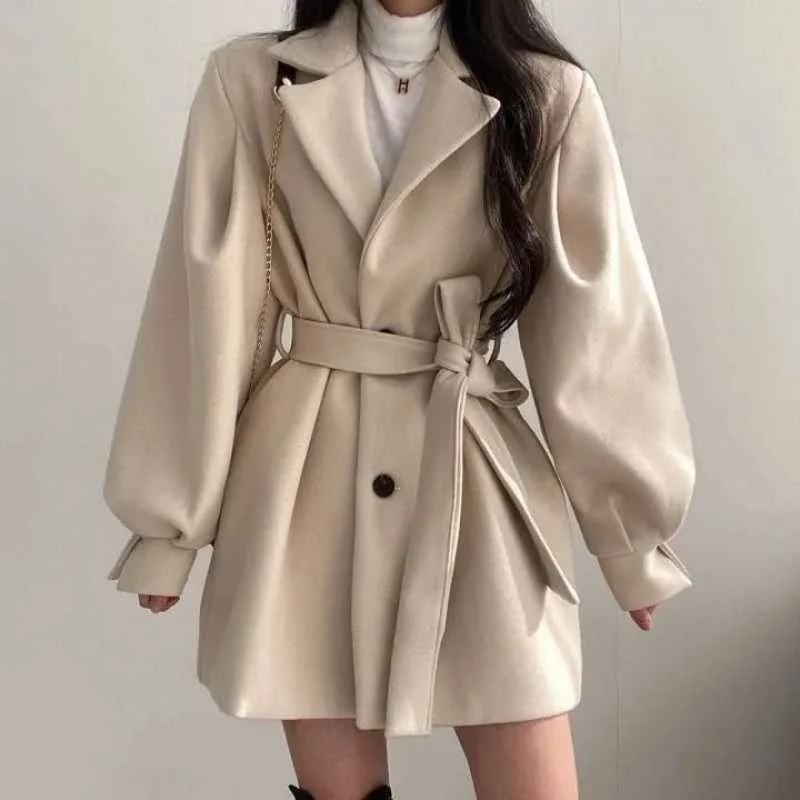 

New Korean chic autumn winter loose wind coat women's Woolen suit collar medium long short woolen coat women