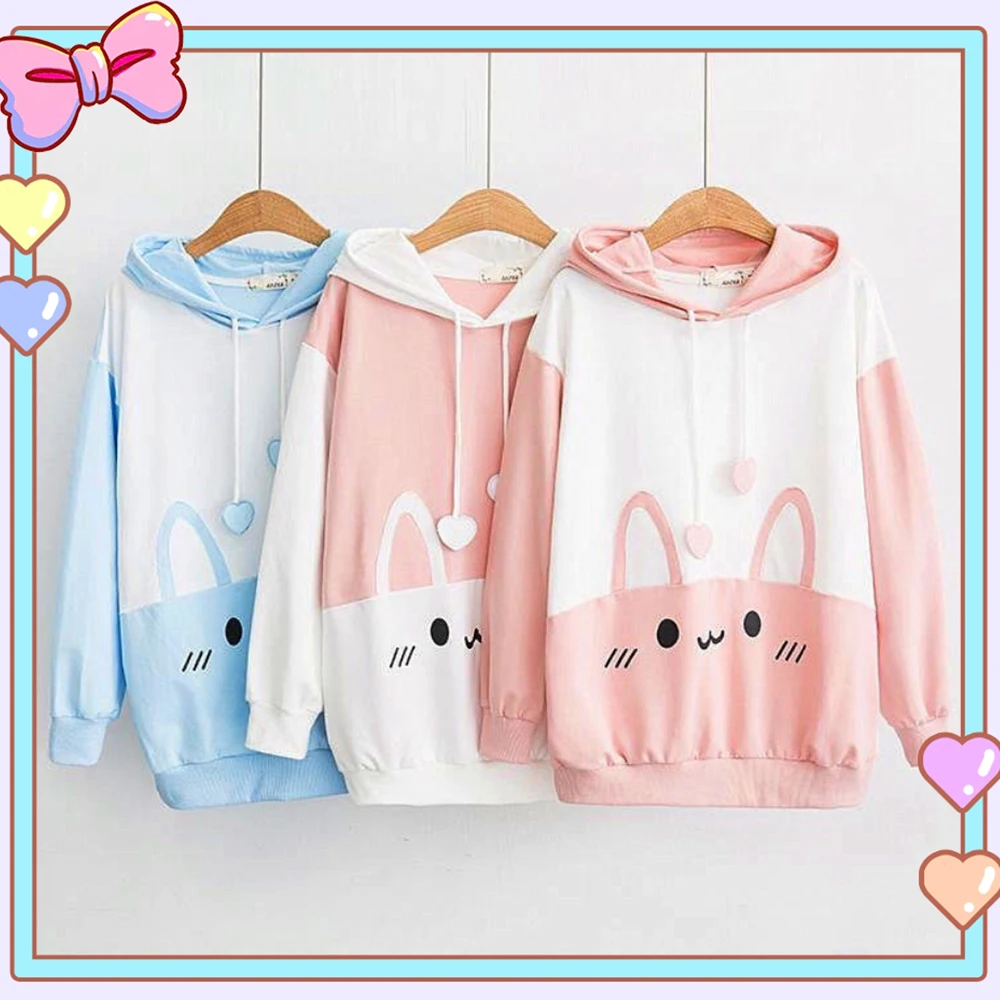 

Girly Kawaii Anime Cute Rabbit Hoodie Japan Sweet Collage Style Swearshirt Cotton Loose Casual Pullover Tracksuit Women Clothes