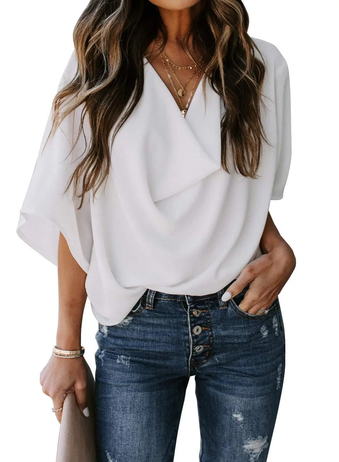 

New Women's Chiffon Blouses Loose V-neck Flare Sleeve Casual Elegant Shirts Ladies Fashion Top for Women Hs11