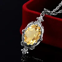 szjinao yellow oval citrine necklace pendant for women solid 925 sterling silver gemstones retro vintage jewelry gift female hot