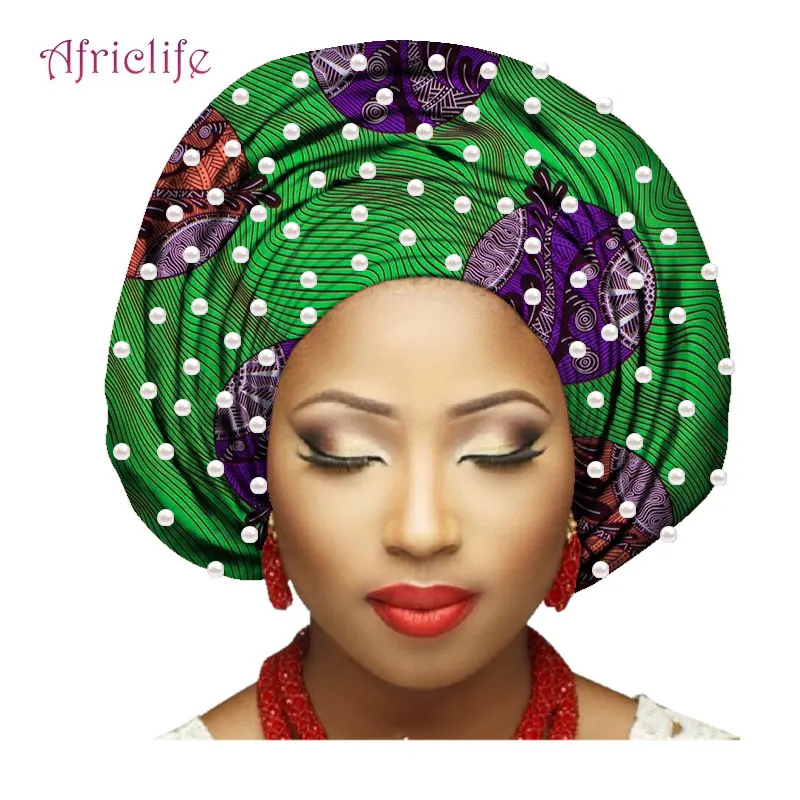 

African Scarves with Beads Turban Headtie Nigerian Gele 100% Cotton Head Wraps for Women African Lady AF007