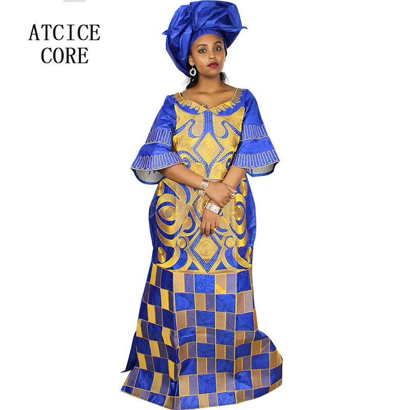 African Dresses For Woman Bazin Riche Computer Emboridery Plus Size Long Dress With Scarf A023