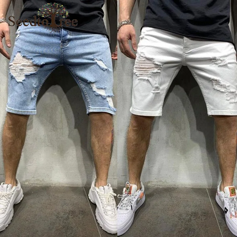 Summer Solid Color Hole Men's Jeans Shorts Slim Denim Knee Length Pants