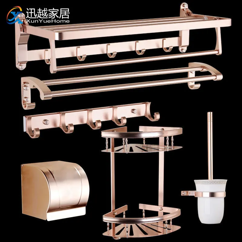 

Towel Hanger Wall Rack Rose Gold Corner Shelf Robe Hook Paper Holder Aluminum Bath Hardware Set Bathroom Accessories 00BHS0101