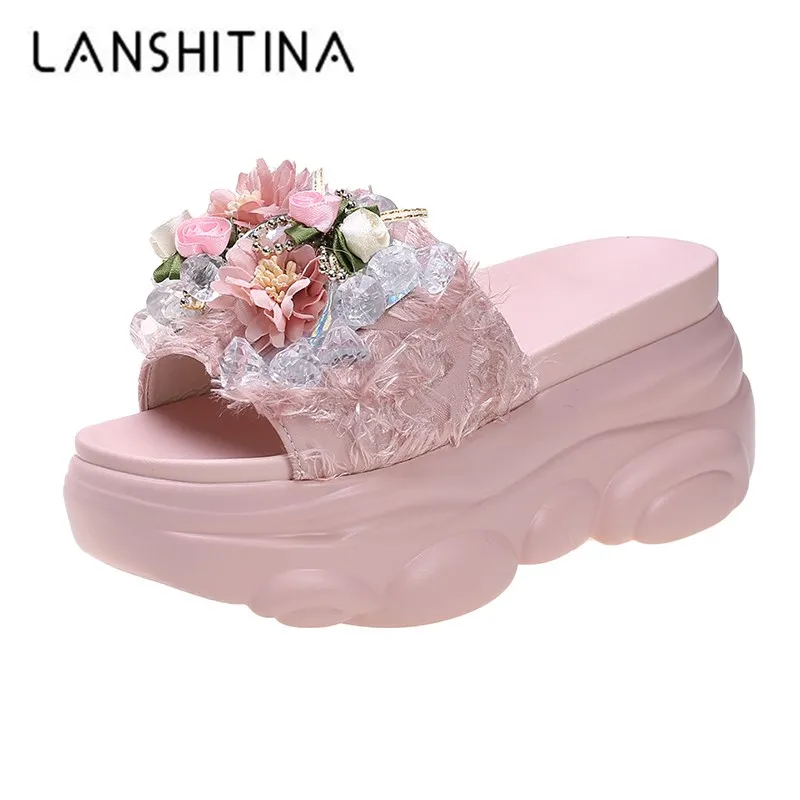 Женские шлепанцы на массивной платформе пляжные ярких цветов высоком каблуке 8 5