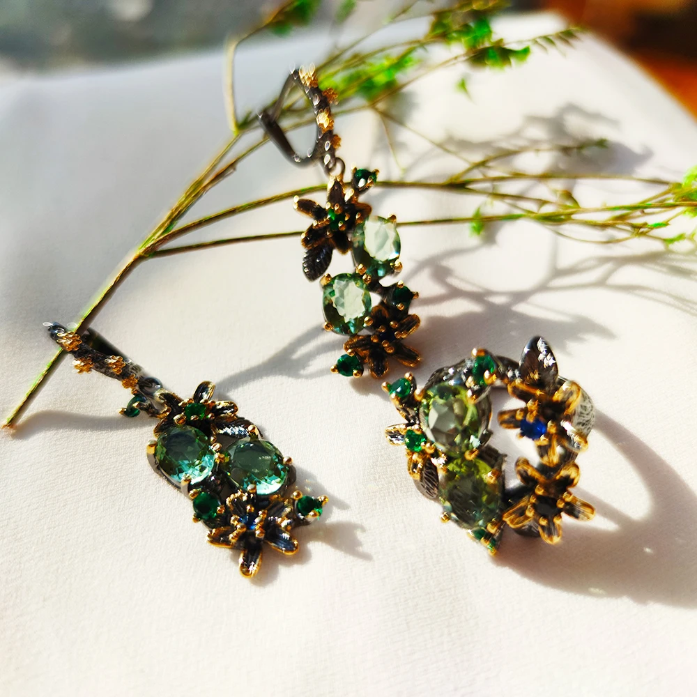 Красивые серьги Olivine с кристаллами Кольцо Ювелирный Набор цветок серьги мульти Циркон черный металл 2 шт Ювелирные наборы для мам подарки