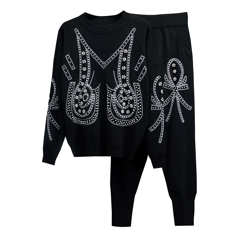 

STREET New HIGH Stylish 2021 Runway Suit Set Women's O-Neck long sleeve Diamonds Beaded knitting top Sweater Pants Set