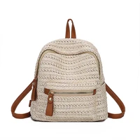 4pcslot new straw woven backpack patchwork pu student schoobag for teenage girls women casual simple style backpack