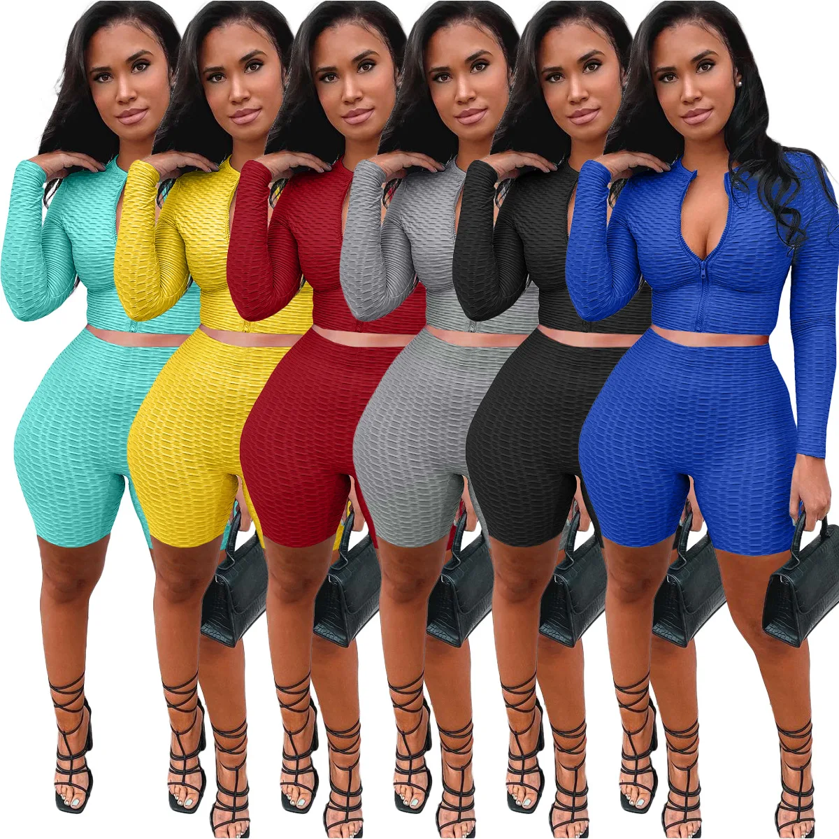 

Sexy Long Sleeve Knitted Tracksuit Women 2 Pieces Shorts Sets V Neck Zipper Crop Top and Biker Shorts Summer Spring Sportwear