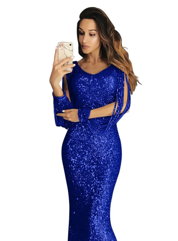 

Evening Dresses Mermaid 2020 Long Sleeves Tassel Sequined For Women Formal Prom Night Party Gowns Floor Length