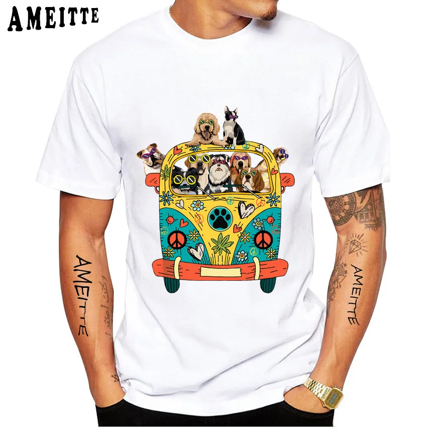 Новые летние мужские футболки с коротким рукавом надписью Peace Love Dogs Hippie Van Bus