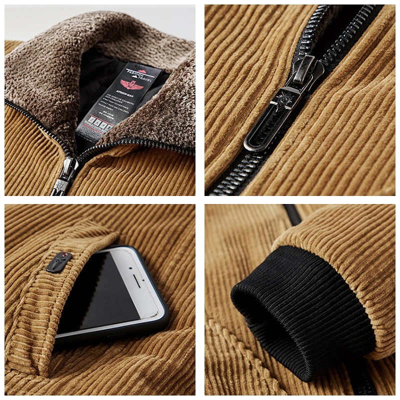 Мужская теплая плотная куртка модная Вельветовая с меховым воротником Брендовая