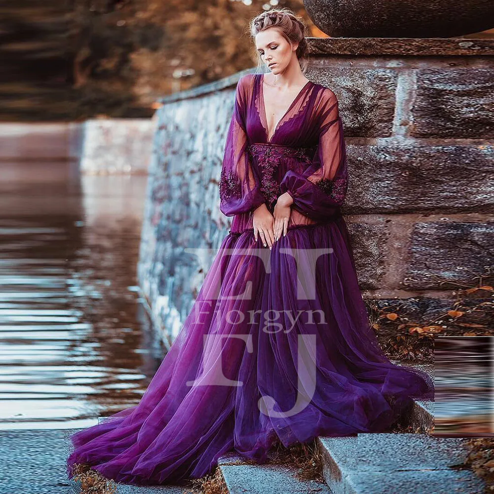 

Женское вечернее платье, фиолетовое платье-трапеция с V-образным вырезом и длинным рукавом-фонариком, на молнии сзади, на заказ, 2021