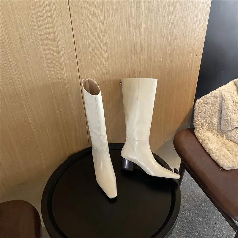 

Meotina Natural Genuine Leather High Heel Lady Boots Women Knee High Boots Shoes Zip Square Toe Chunky Heels Long Boots Black 43