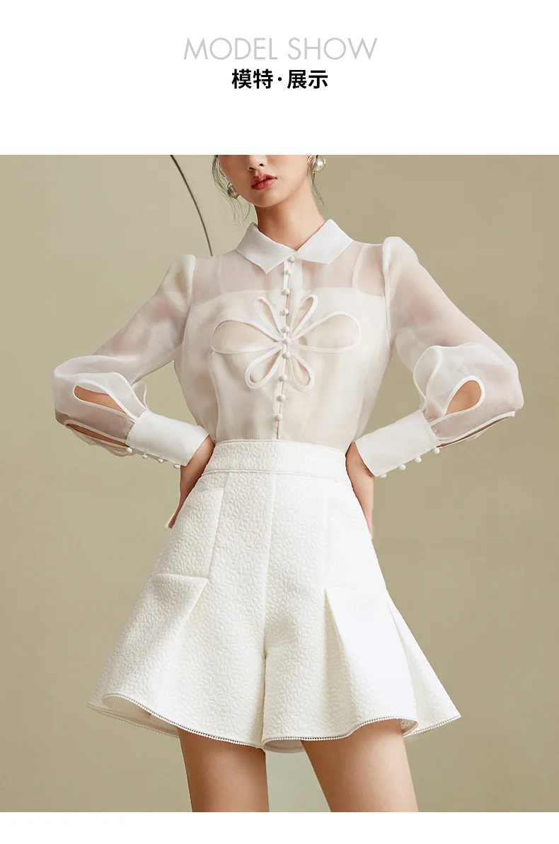 he new 2021 Spring and autumn collection features an organza shirt, slimming shorts, and age reducing suit