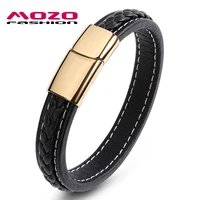 fashion men bracelet jewelry stainless steel magnetic clasps black leather rope chain vintage bangles ps2017
