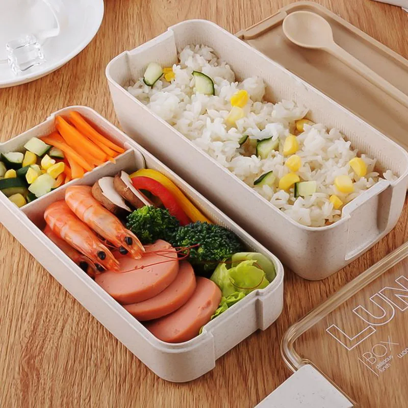 2 Layer Japanese Food Storage Container Wheat Straw Bento Lunch Box For School Kids Leak Proof Microwave Dinnerware | Дом и сад