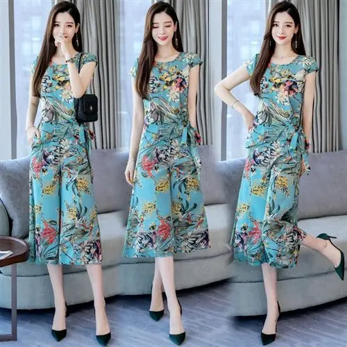 

Women 2021 Summer Fashion Two-piece Suits Female O-neck Chiffon Printed Tops Ladies High Waist Loose Wide-leg Pants Sets K184
