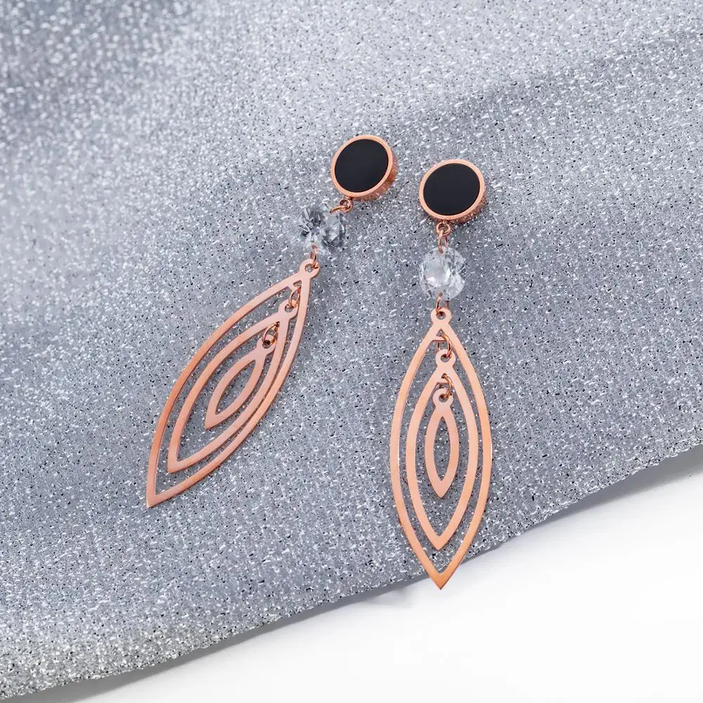 

2020 New Rose Gold Three layers Olive leaves Zircon Drop Earrings for women Trendy Stainless steel tassels Earrings Accessories