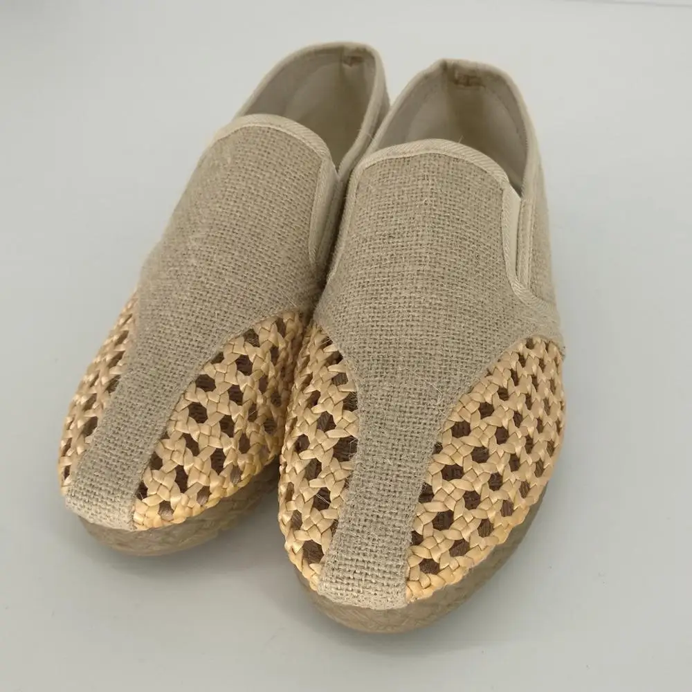 Men Women Sandals Hallow Woven Loafers Handmade Flax Shoes Breathable Comfortable Slip-On Flats Khaki Blue Linen Shoes