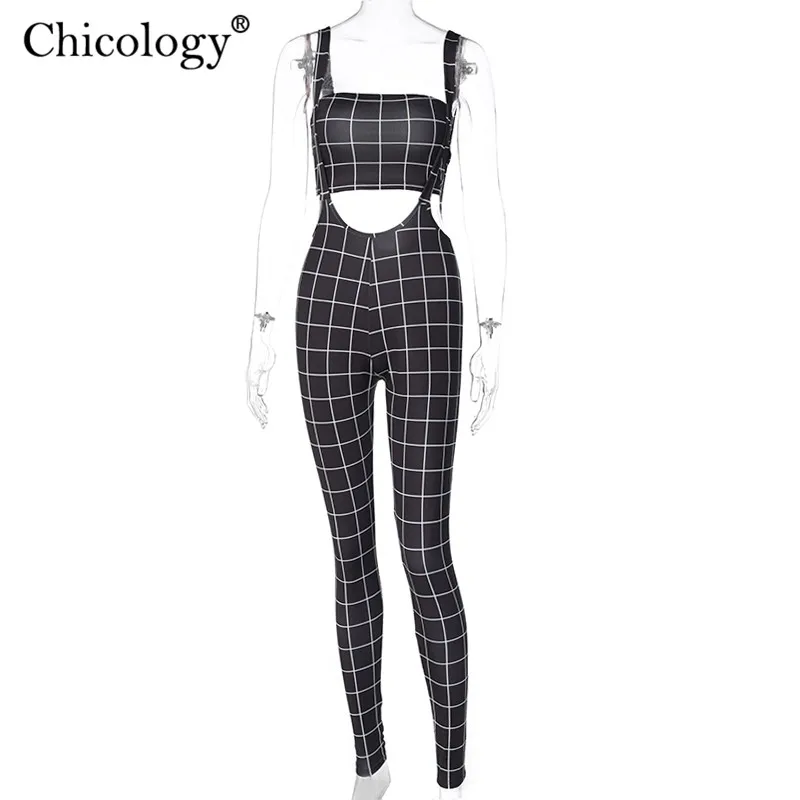 

Chicology plaid stretchy overalls jumpsuit crop top sexy 2 two piece set women 2020 clothes lady club outfits fashion streetwear