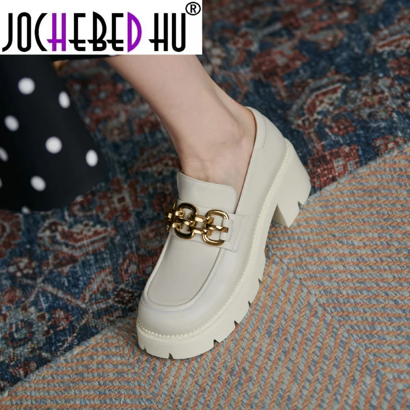 

【JOCHEBED HU】New spring new patent leather thick-soled retro pedal platform shoes metal buckle love shallow mouth single shoes