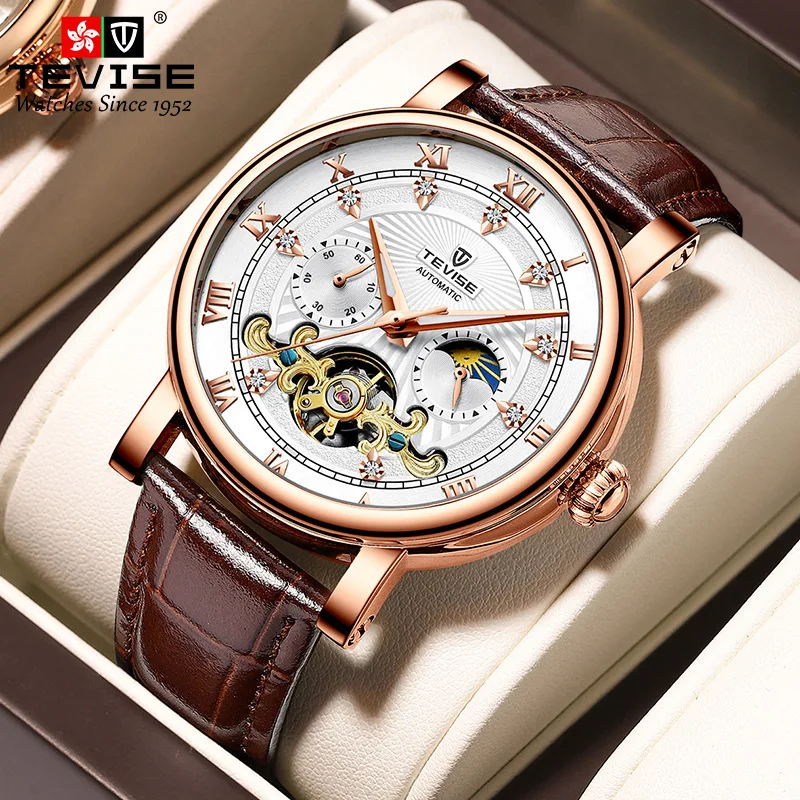 

TEVISE Automatic Mechanical Men Watch Fashion Top Brand Sports Watches Tourbillon Moon Phase Leather Relogio Masculino 2022