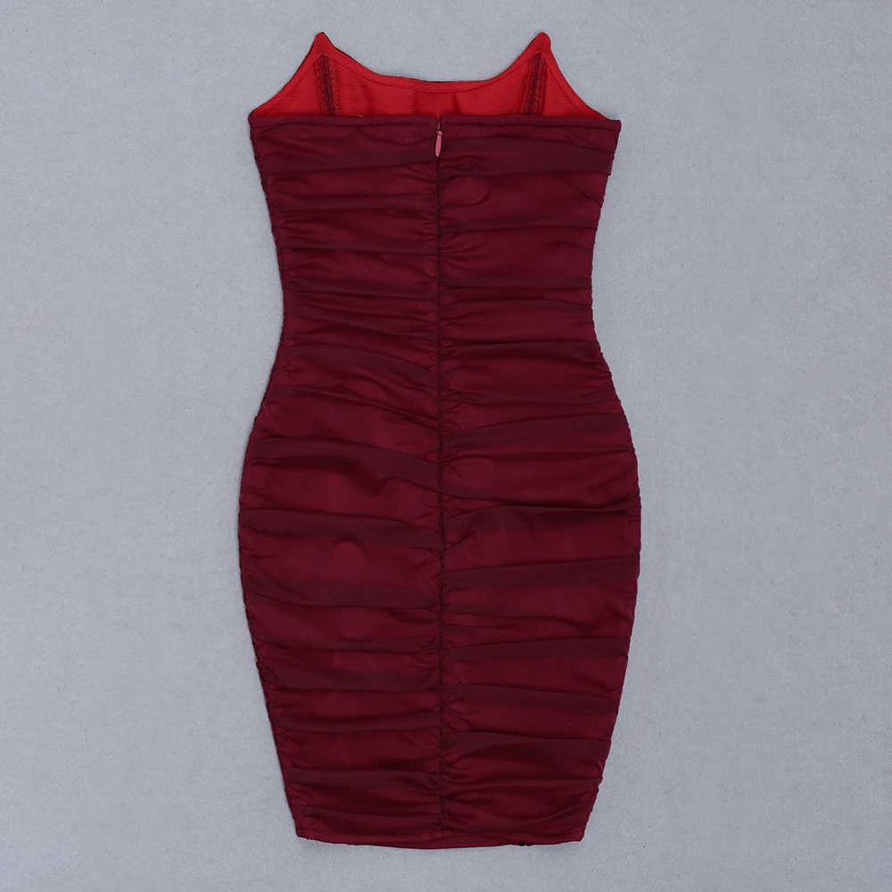 

Women Summer Sexy Strapless Mesh Ruched Burdundy Mini Bodycon Bandage Dress 2021 Designer Elegant Evening Party Dress Vestidos