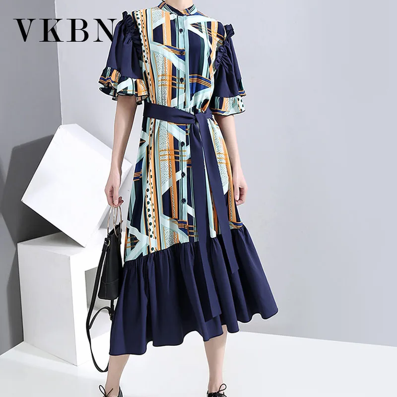 

VKBN Summer Dress Women 2021 Mandarin Collar Short Flare Sleeve Sashes Printing Plus Size Elegant Vestidos De Fiesta