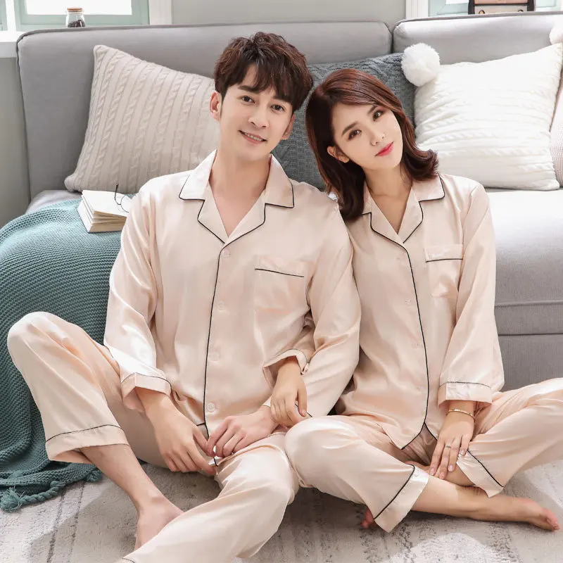 

Couple Pajama Set Silk Satin Pijamas Long Sleeve Sleepwear His-and-her Home Suit Pyjama For Lover Man Woman Lovers' Clothes