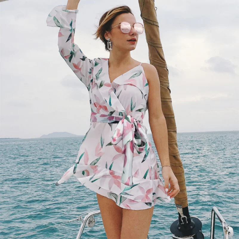 Обхват талии Стиль мини платье с цветочным принтом и бантом Длинные рукава 2020