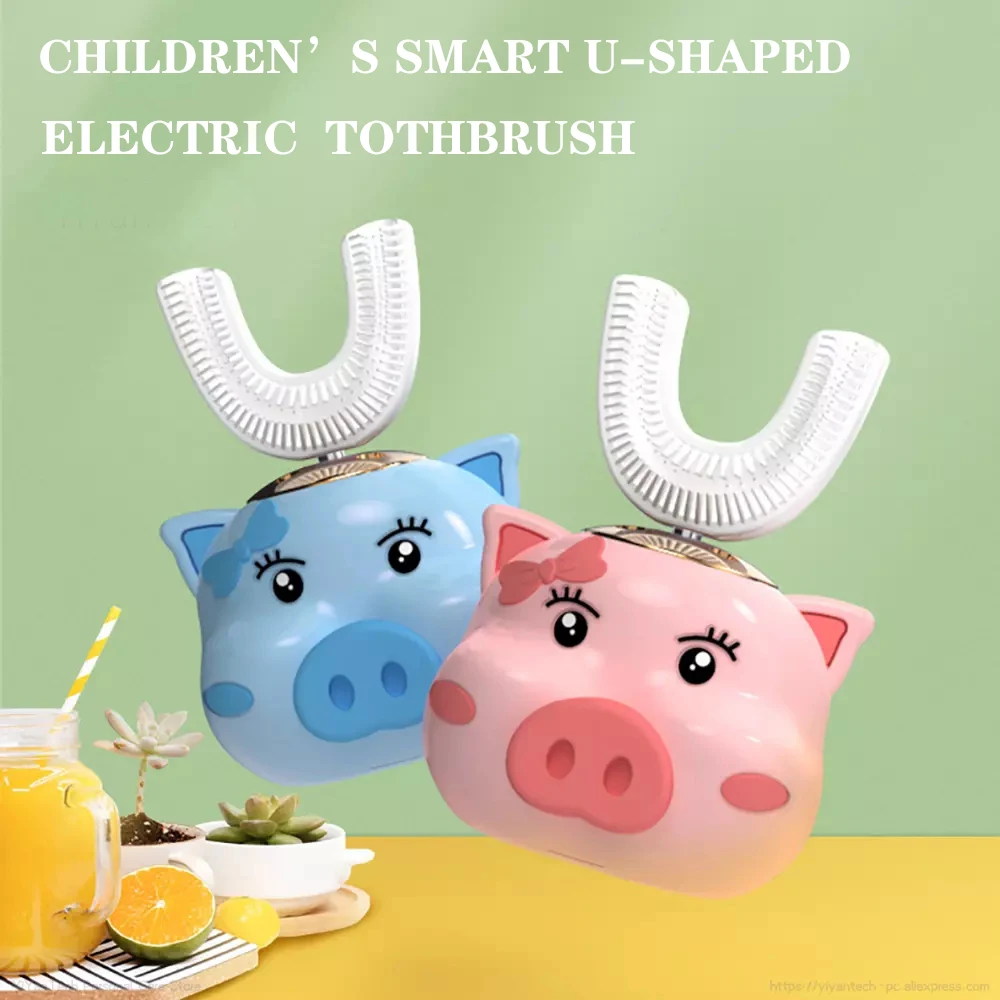 360 Automatic Ultrasonic U-Shaped Children's Toothbrush USB Rechargeable Electric Waterproof Magnetic Suction Pig Toothbrush