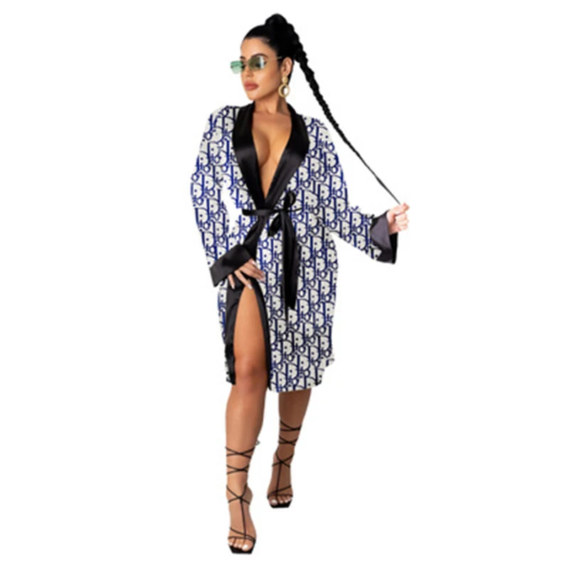 

Ladies Sexy Loose Pajamas Home Wear Printed Letter Dress Jacket Skirt Nightgown Bathrobe