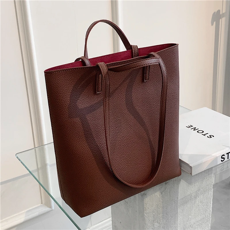

Hot Offers Grained PU Leather Bucket Tote Shoulder Bags For Women Designer Brand Large Capacity Work 2 Sets Purses And Handbags