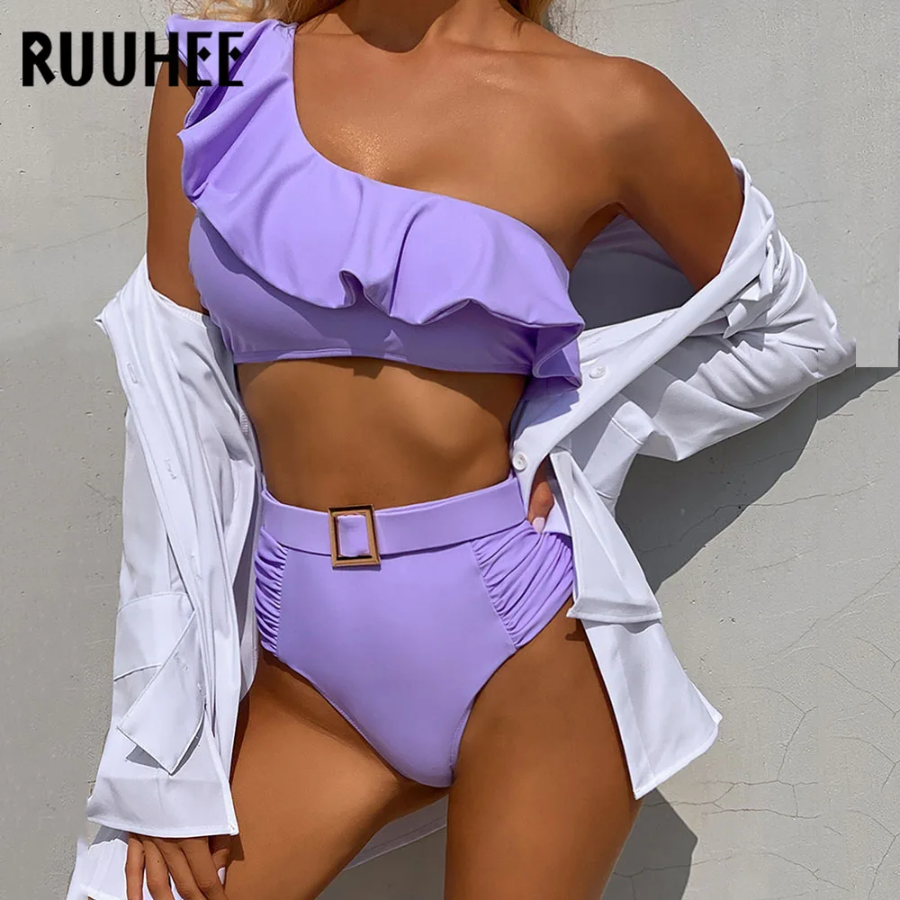 

RUUHEE 2021 One Shoulder Swimsuit Sexy Bikini Women Solid High Waist Swimwear Bathing Suit Push Up Beachwear Female Biquini