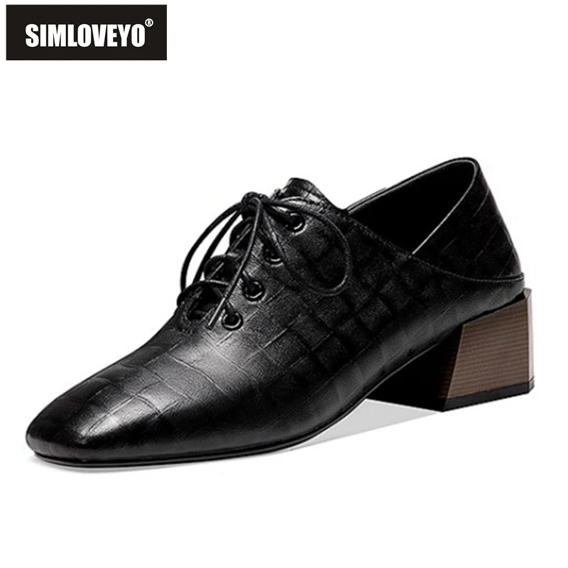 

SIMLOVEYO New 2021 Ladies Pumps Round Toe 4.5cm Spike Heels Genuine Leather Lace-Up Classic All-Match Big Size 42 Casual B2308