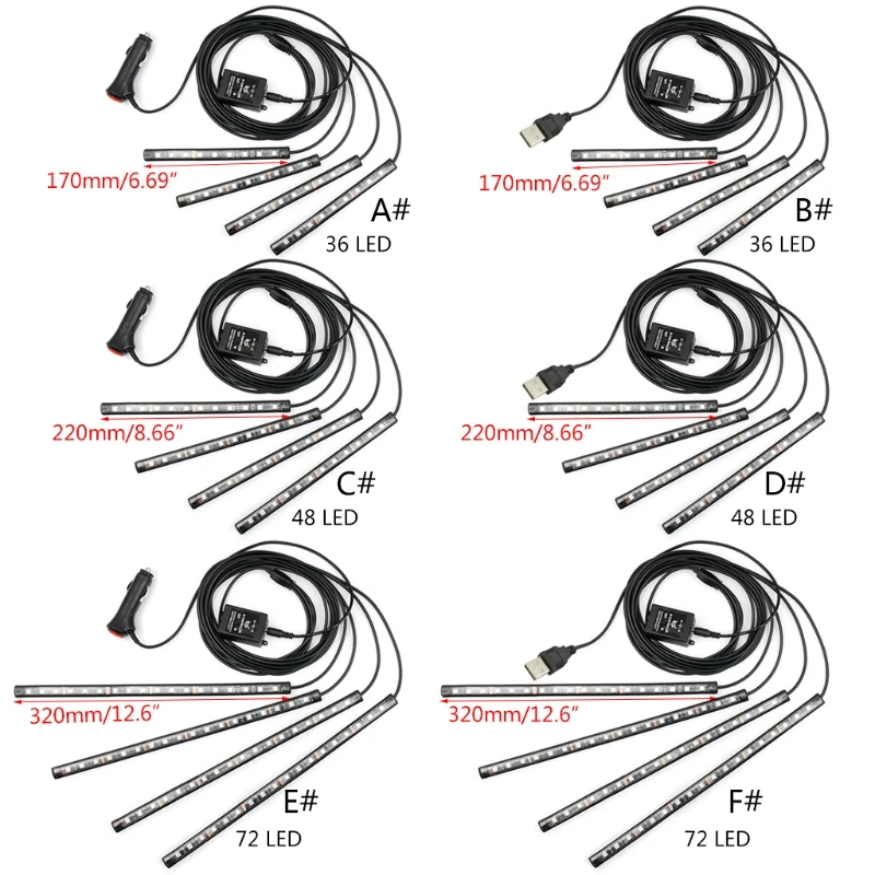 

Светодиодная лента RGB для салосветильник автомобиля, 4 шт., 72 светодиода, Bluetooth, управление музыкой через приложение