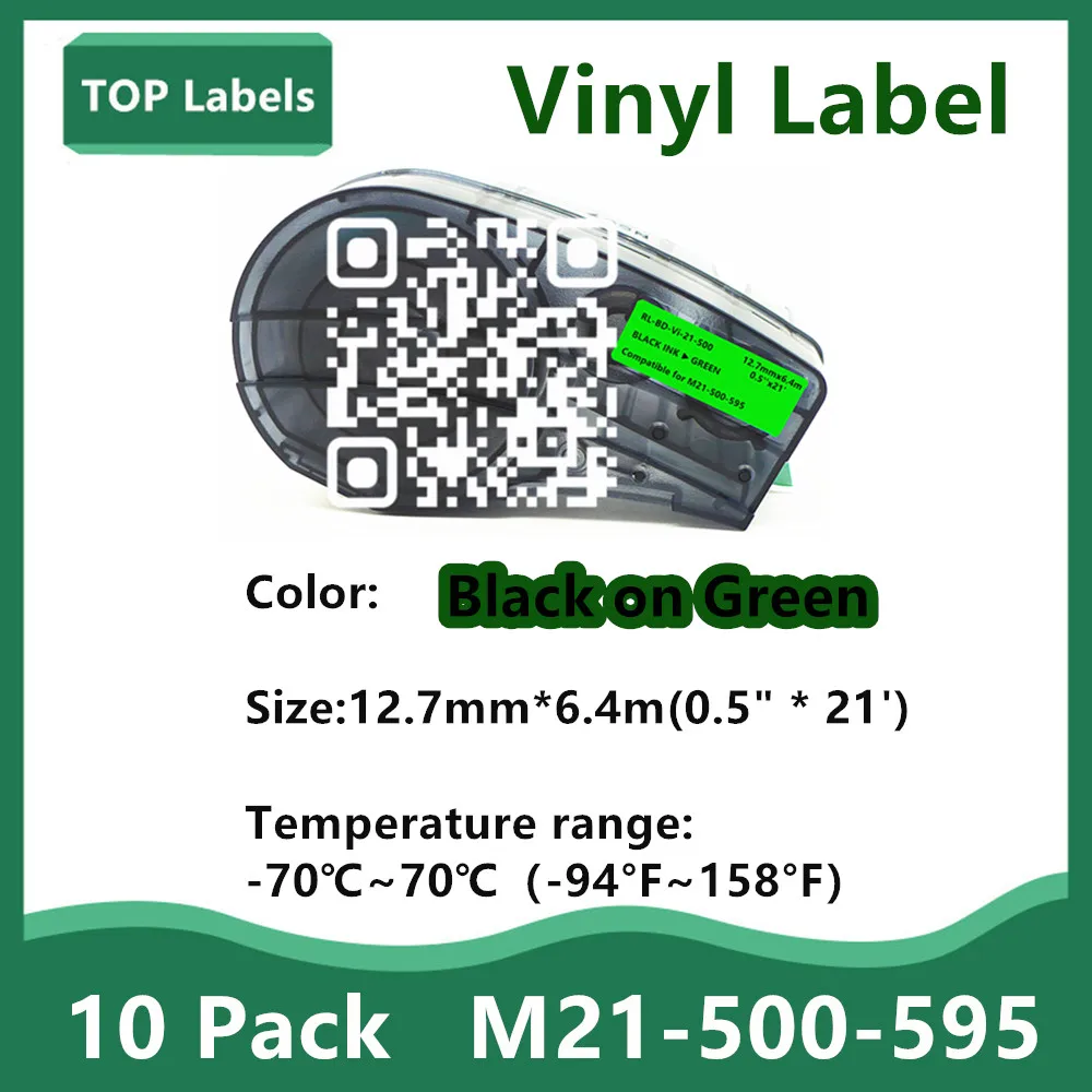 

10 Pack Black on Green Label Tape M21-500-595 Vinyl Cable Labels for BMP21-PLUS,BMP21 LAB,IDPAL LABPAL Printer Electrical Panels