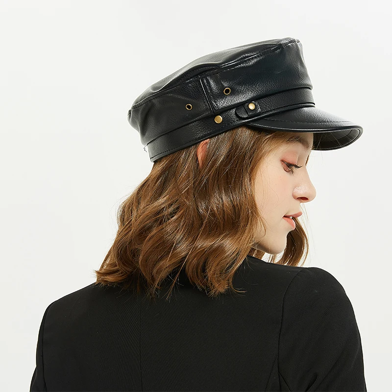 

[FEILEDIS]Winter Women Vintage High-grade Black Grenadine PU Leather Hats Military Hat Gorras Planas Snapback Caps LR-10